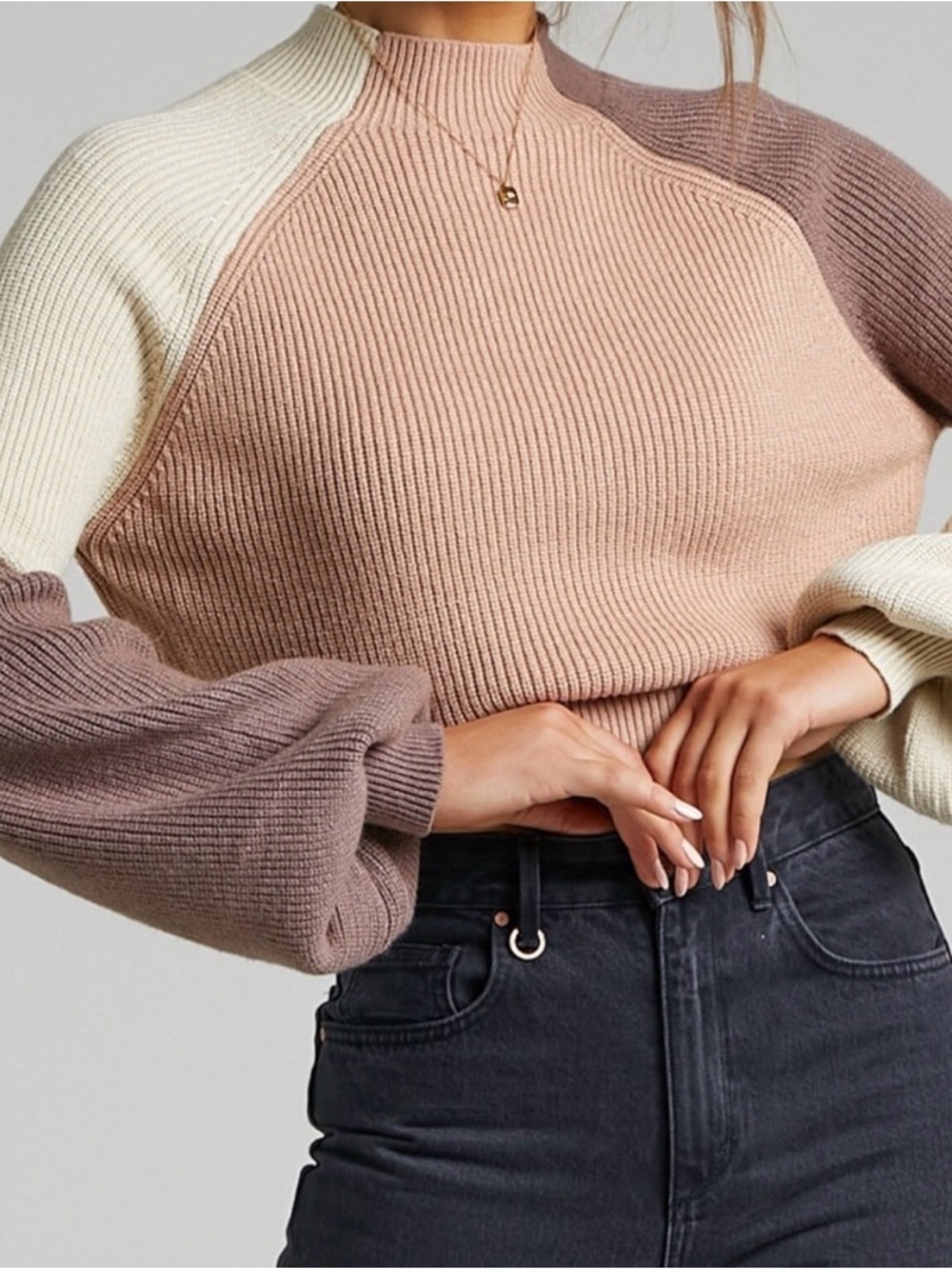 Showpo Ribbed Colorblock Mock-Neck Sweater in Blush, Cream & Taupe